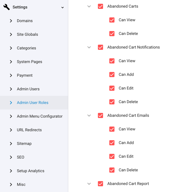 Admin User Roles and permissions for the Abandoned Cart Recovery feature