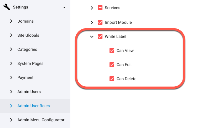 Admin User Roles and permissions for the Granular White-labeling extension