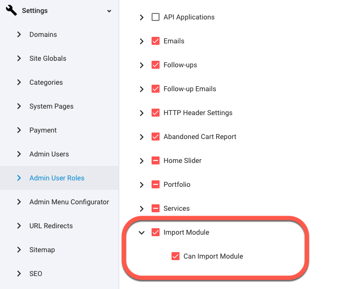 Admin User Roles and permissions for the Import/Export of Modules