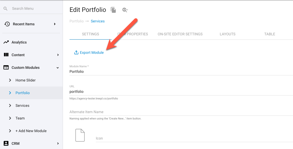 Admin interface for exporting via the Import/Export of Modules extension