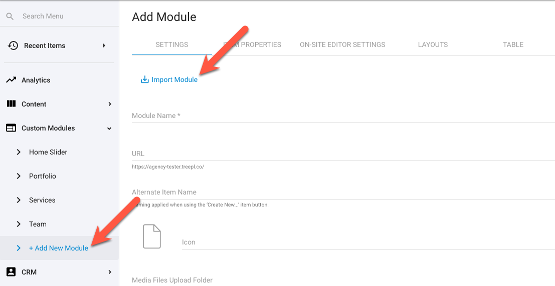 Admin interface for importing via the Import/Export of Modules extension