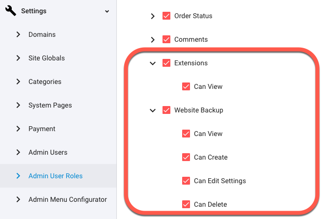 Admin User Roles and permissions for the Website Backup feature