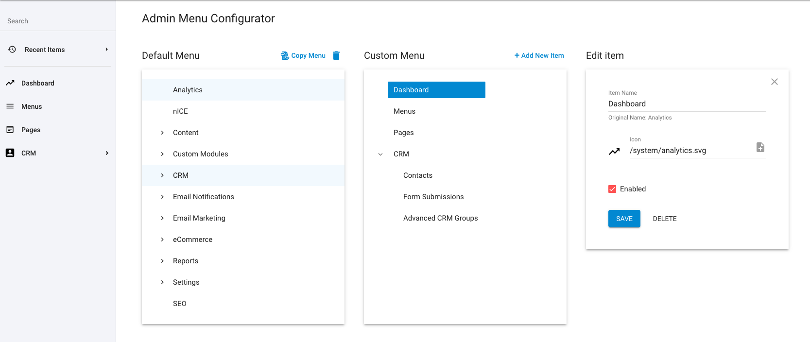 Admin Menu Configurator and Customisations
