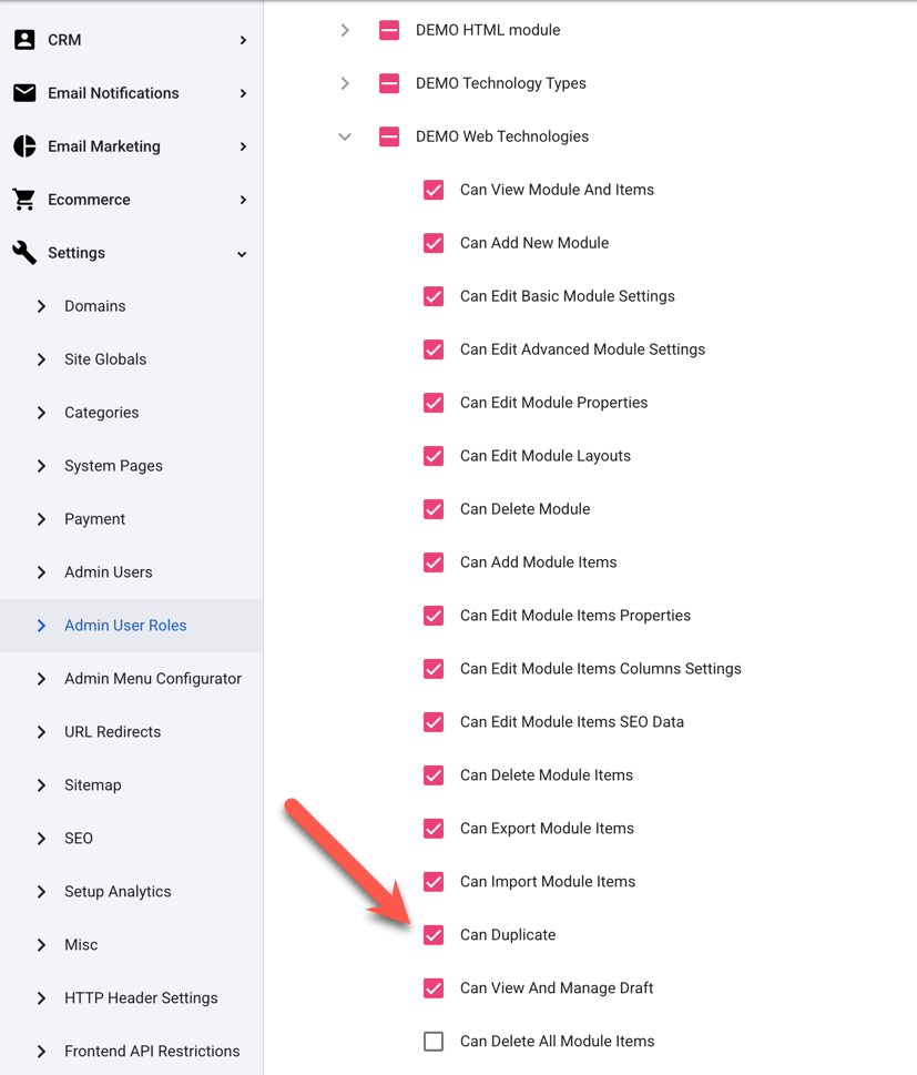 Admin User Roles and permissions for the Duplication of Modules