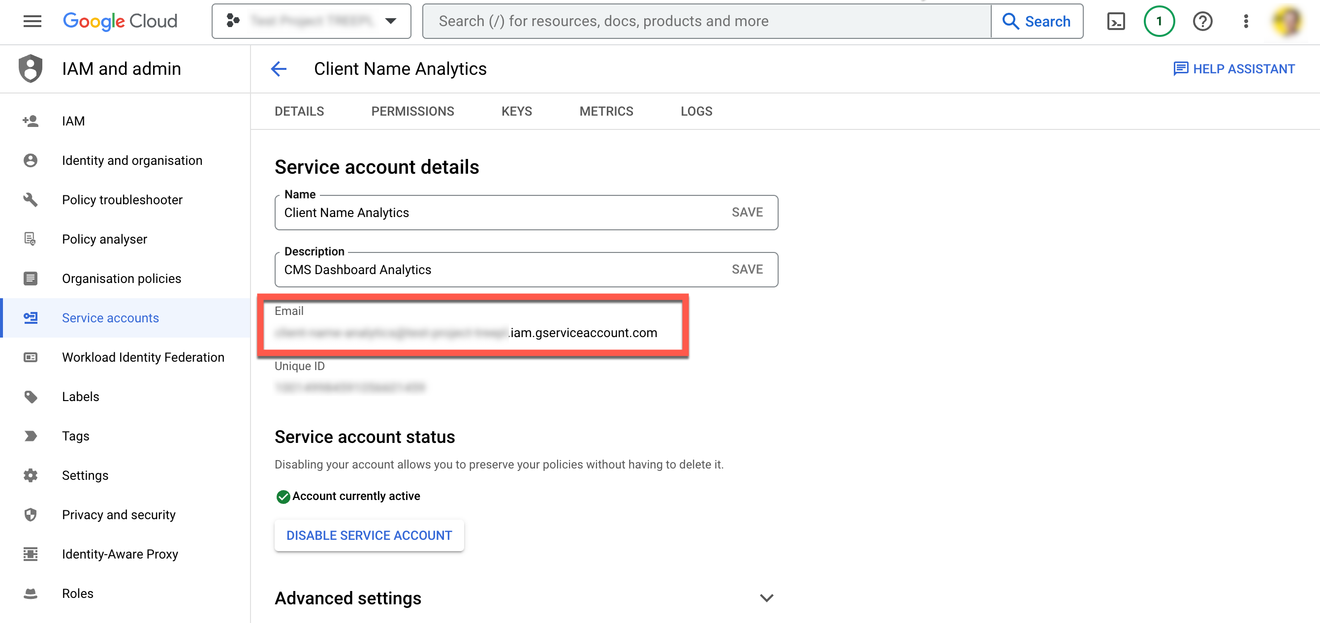Service account email