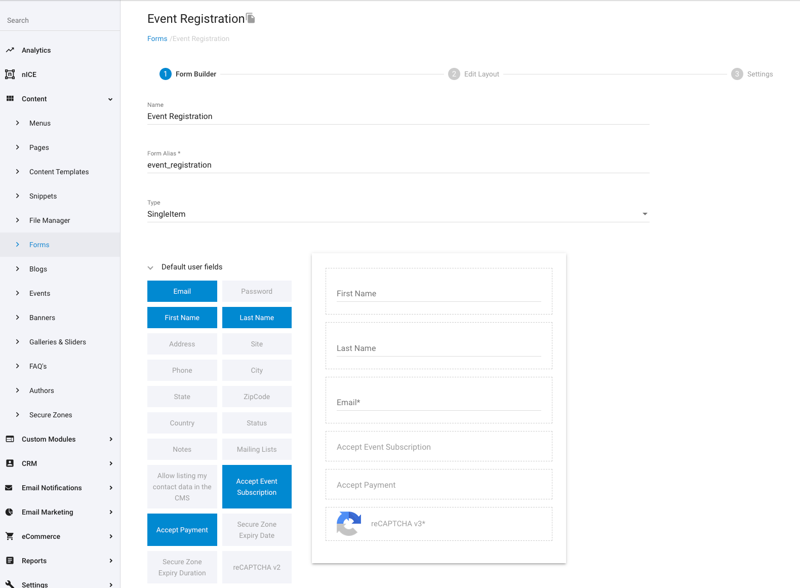 Events - Form Settings