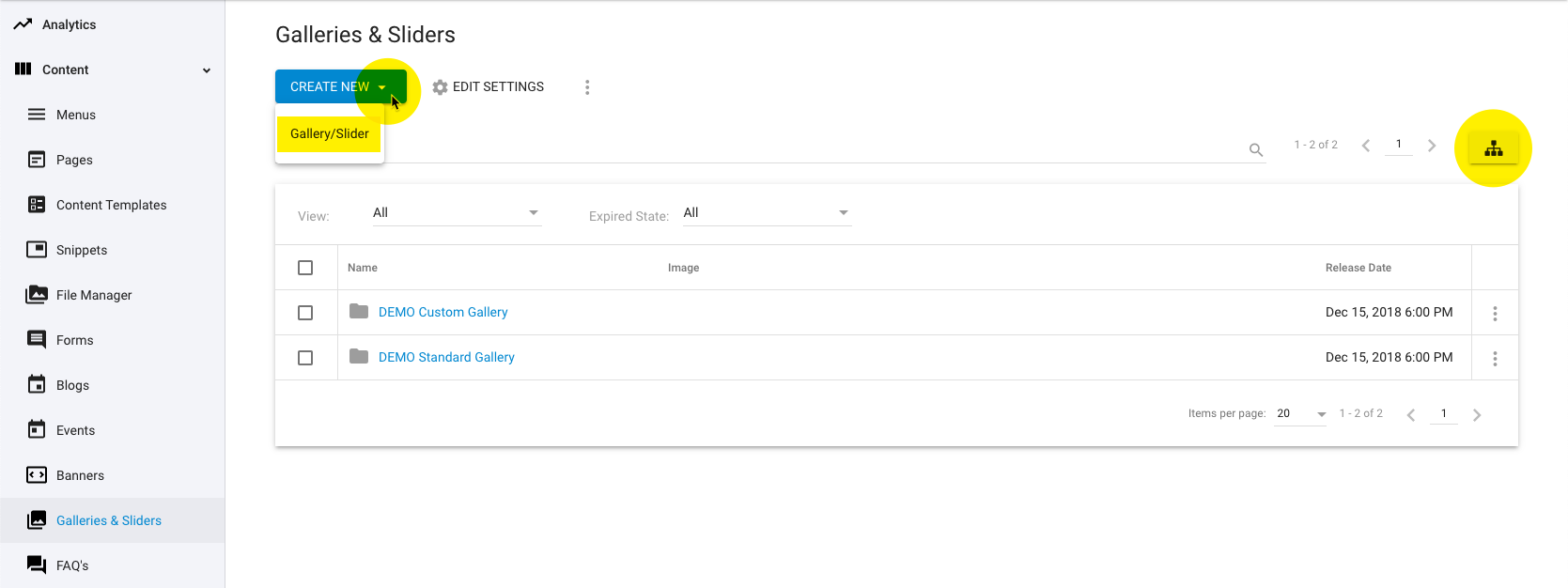 Galleries/Slider Groups - Tree View
