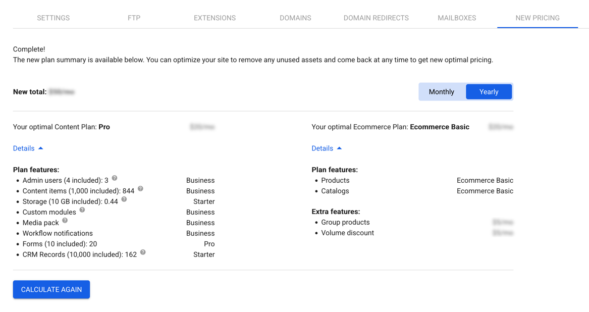 New Pricing Calculator - Example Summary