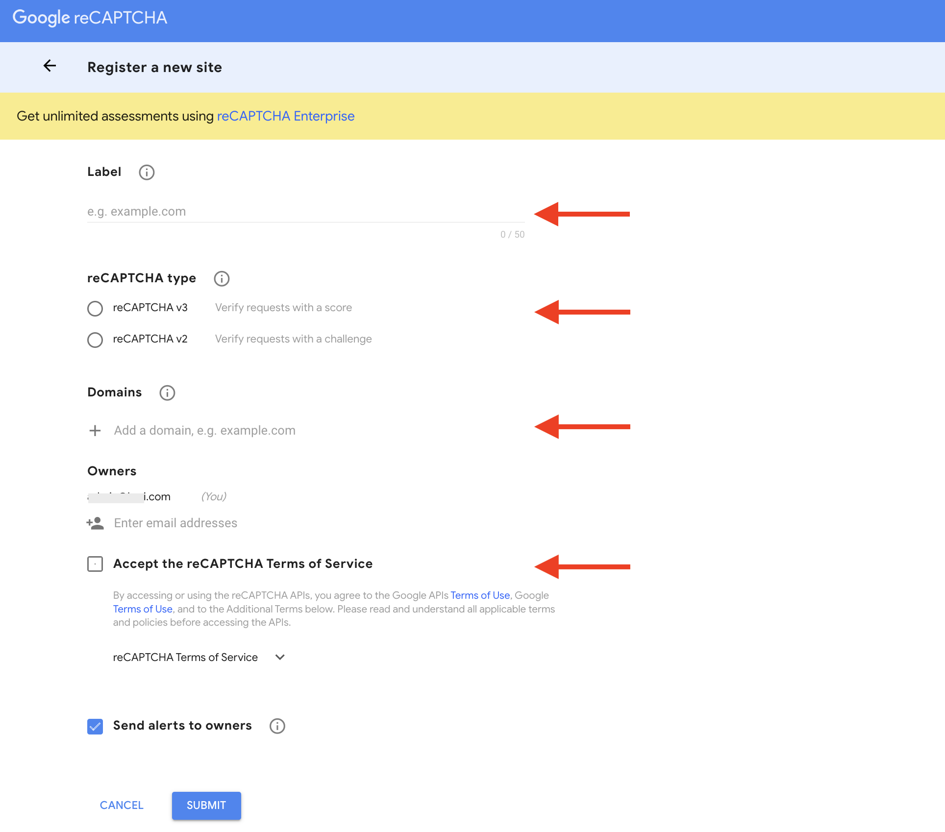 Register a new site for Google reCAPTCHA