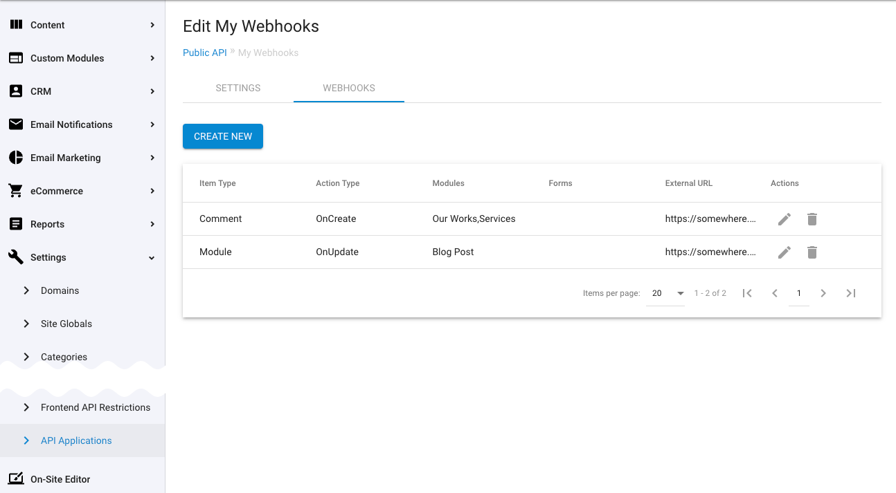 Webhooks Tab: Table view