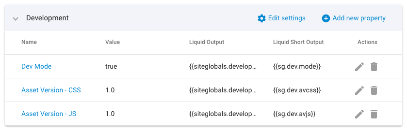Developer Settings in Site Globals